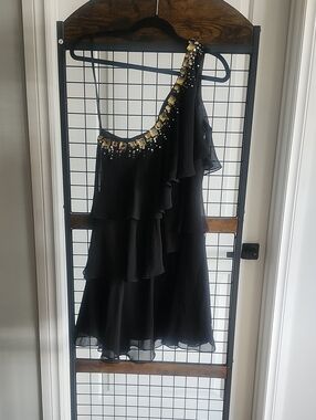 Calvin Klein Black One-Shoulder Dress with Gold Accent